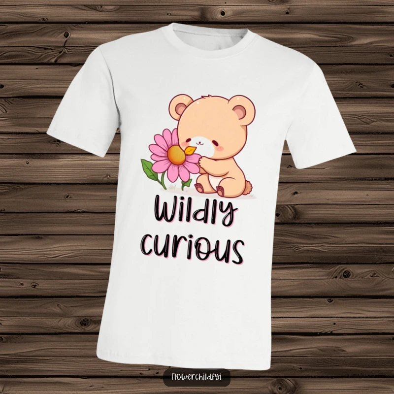Funny T-Shirt showcasing a curious bear cub with a look of pure delight as it sniffs a large, vibrant wildflower.