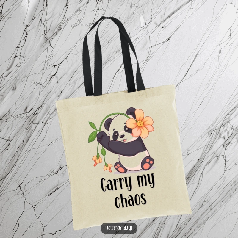 Funny panda tote bag illustrating a cuddly panda playfully batting at a large, dangling flower, full of joy.