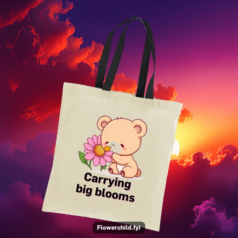 Funny Tote Bag featuring a curious bear cub delightedly sniffing a giant, colorful wildflower, perfect for everyday use.