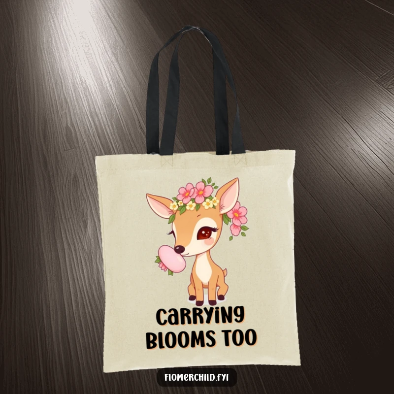 Funny tote bag featuring a curious deer with a flower garland, sniffing a large bloom, perfect for everyday use.