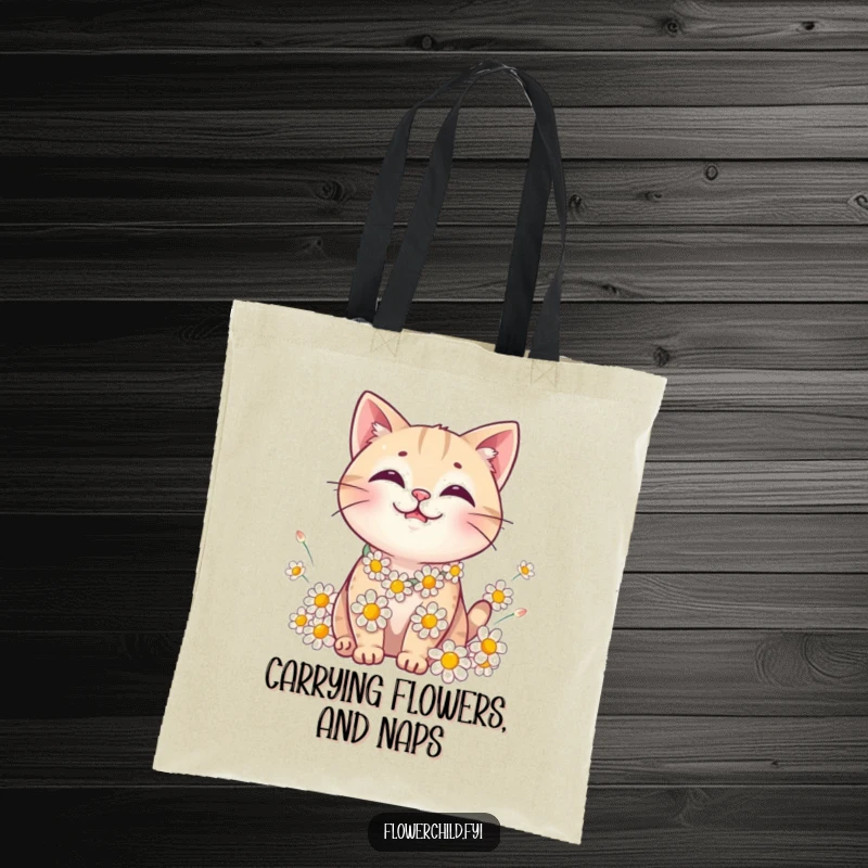 Funny Cat Daisy Chain Tote Bag: A charming tote bag featuring a happy cat adorned with daisies.
