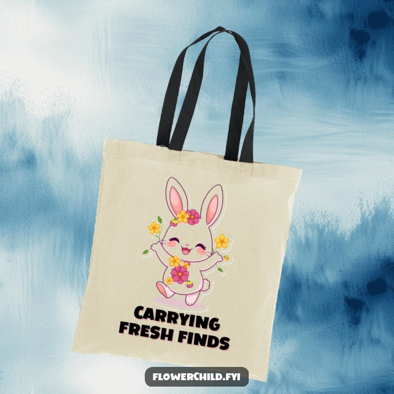 Funny Bunny Tote Bag: A joyful bunny with flowers in its fur dances energetically, perfect for carrying essentials with a dose of cheer.