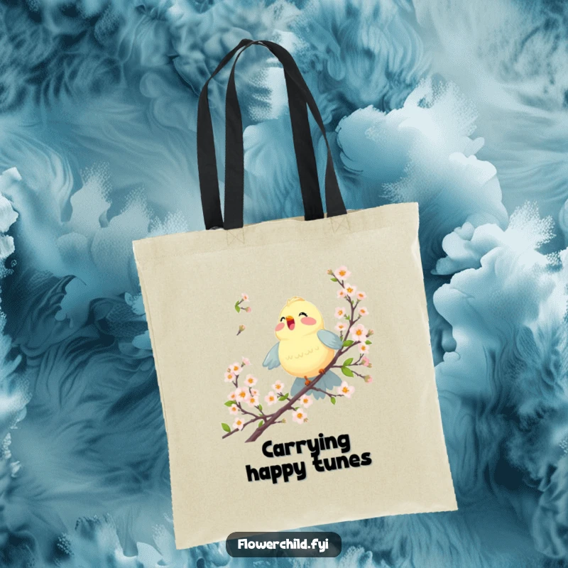 Funny tote bag with a joyful bird singing among blossoming branches, ideal for carrying items with a cheerful flair.