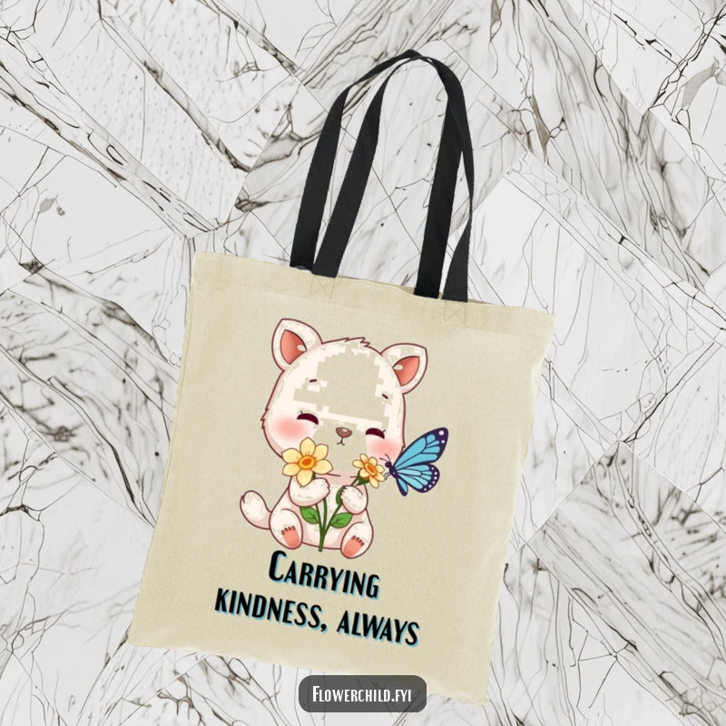 Funny tote bag with a gentle animal character offering a flower to a tiny butterfly, representing kindness.