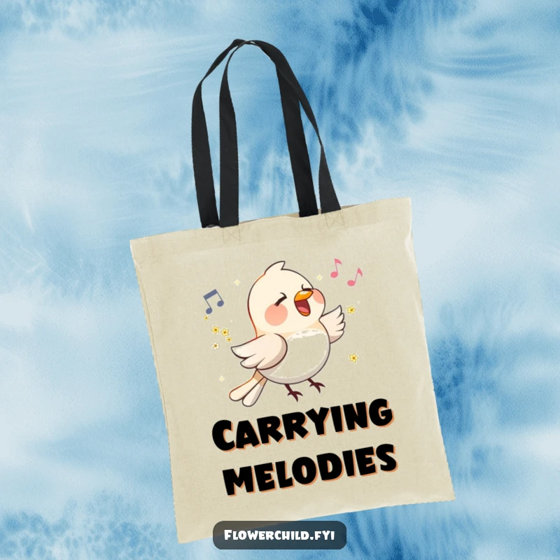 Funny Singing Bird Flower Wings Tote Bag: A happy bird with flowers on its wings sings a tune, perfect for carrying essentials.