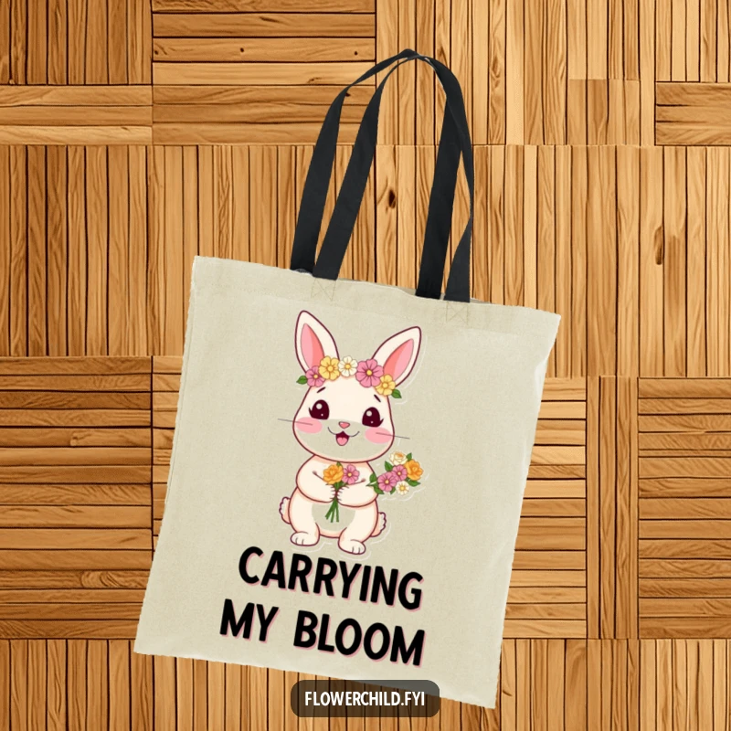 Funny tote bag showcasing a happy rabbit character wearing a flower crown and holding a lovely bouquet.