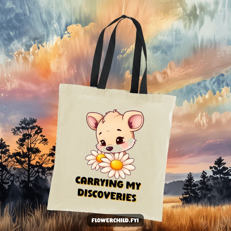 Funny tote bag depicting a curious animal character investigating a large, colorful daisy with great interest.