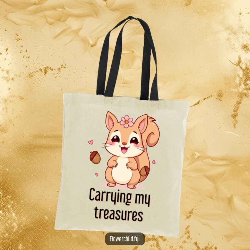 Funny Squirrel Petals Tote Bag: A squirrel with petals juggling acorns, perfect for carrying your funny outdoor essentials.