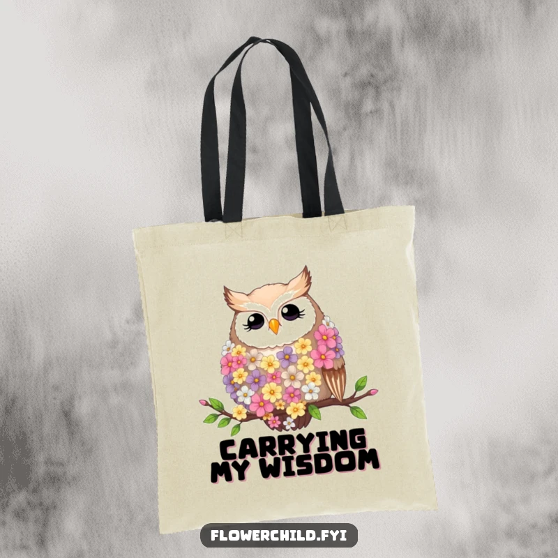 Funny tote bag with a contented owl wearing a flower feather boa, resting on a branch.