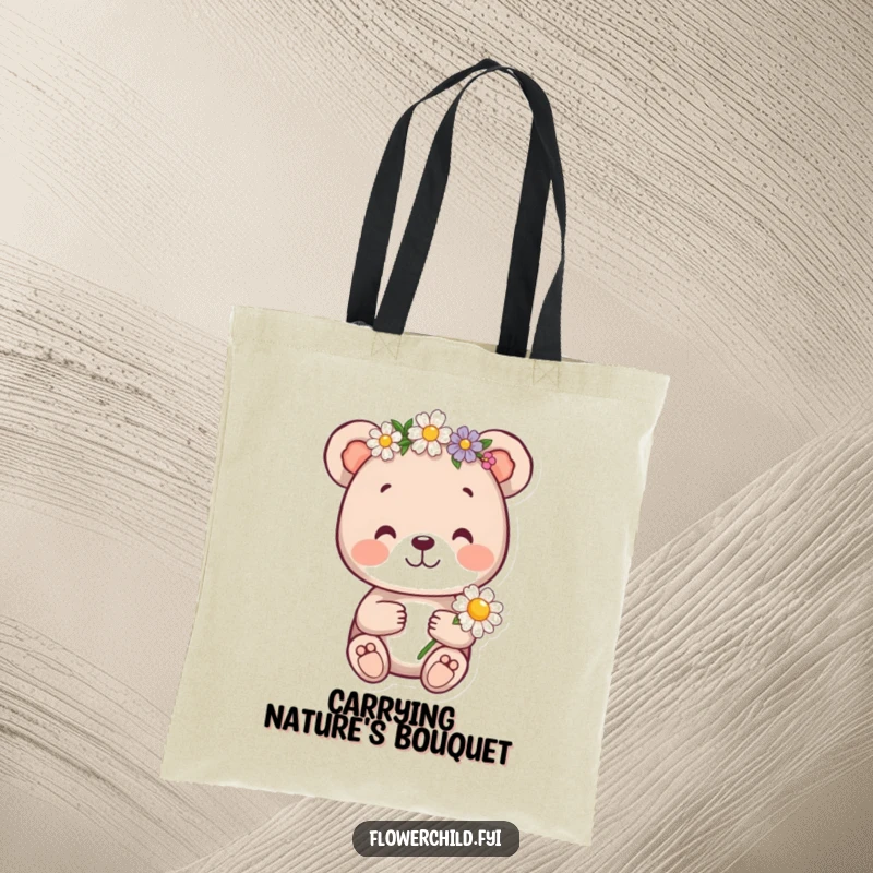 Funny bear cub tote bag, a cheerful bear cub with a flower crown holding a daisy, showcasing nature's beauty and joy.