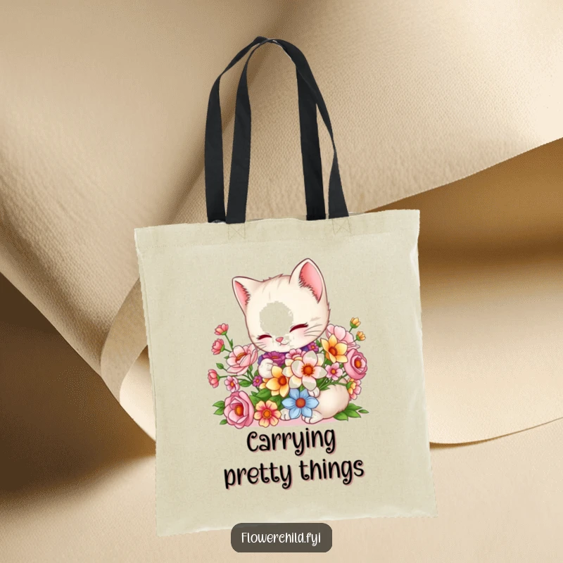 Funny Kitten Tote Bag: A charming kitten artfully arranges a bouquet, making this tote a perfect accessory for flower lovers and cat enthusiasts.