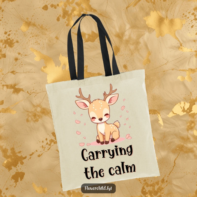 Funny tote bag depicting a peaceful deer in a shower of flower petals, perfect for carrying essentials stylishly.