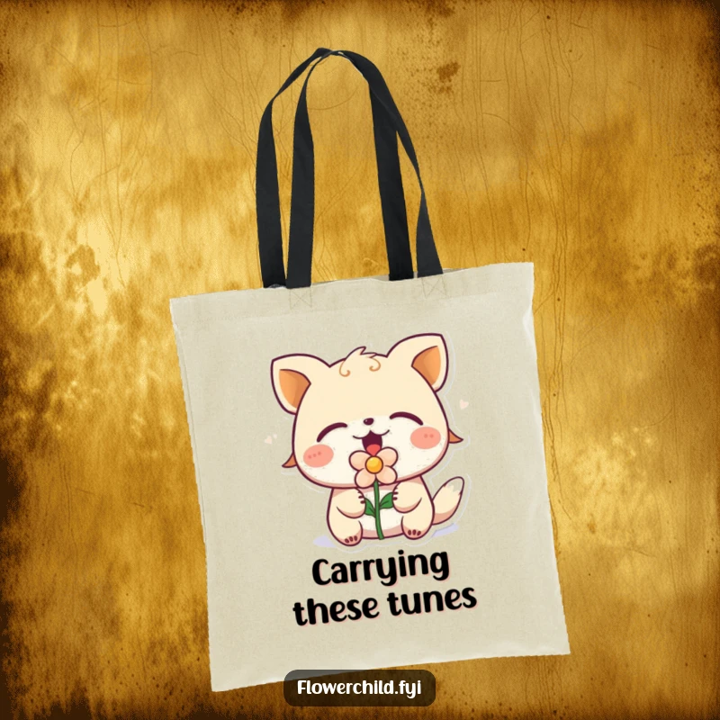 Funny animal character singing with eyes closed, flower in mouth, on a reusable tote bag, ideal for music fans.