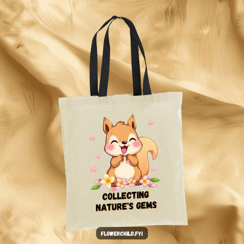 Funny tote bag showcasing a delighted squirrel character gathering flower petals for a chain.