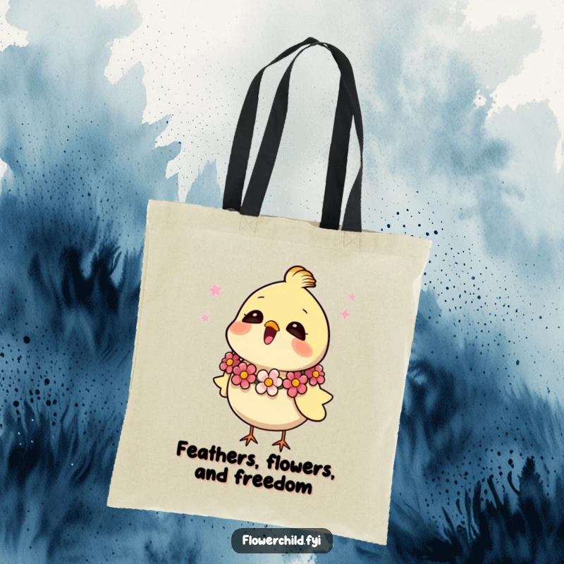 Funny tote bag showcasing a happy, singing bird adorned with a vibrant flower garland, perfect for daily use.