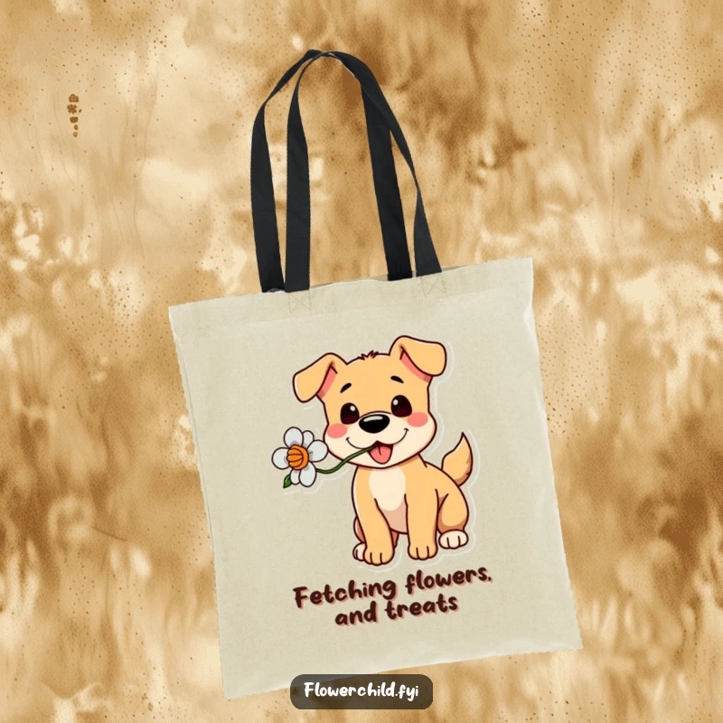 Funny Dog Flower Tote Bag: A charming tote bag featuring a happy dog holding a flower, tail wagging.