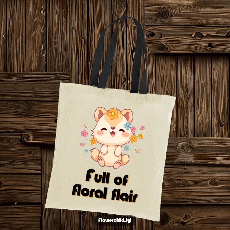 Funny tote bag with an animal character adorned with flowers, spinning ecstatically, perfect for daily use.