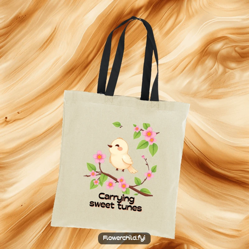 Funny tote bag showcasing a serene bird perched on a blooming vine, singing joyfully.