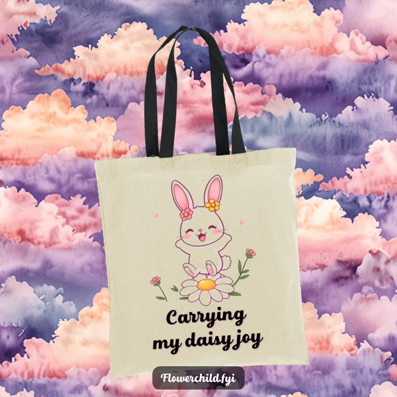 Funny cute bunny character with flower decorations joyfully hopping on a daisy, a charming tote for everyday use.