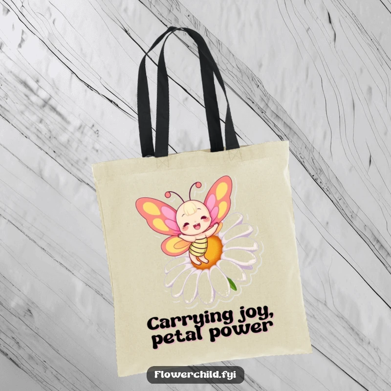 Funny tote bag featuring a joyful butterfly with vibrant, colorful wings dancing around a large, cheerful daisy.