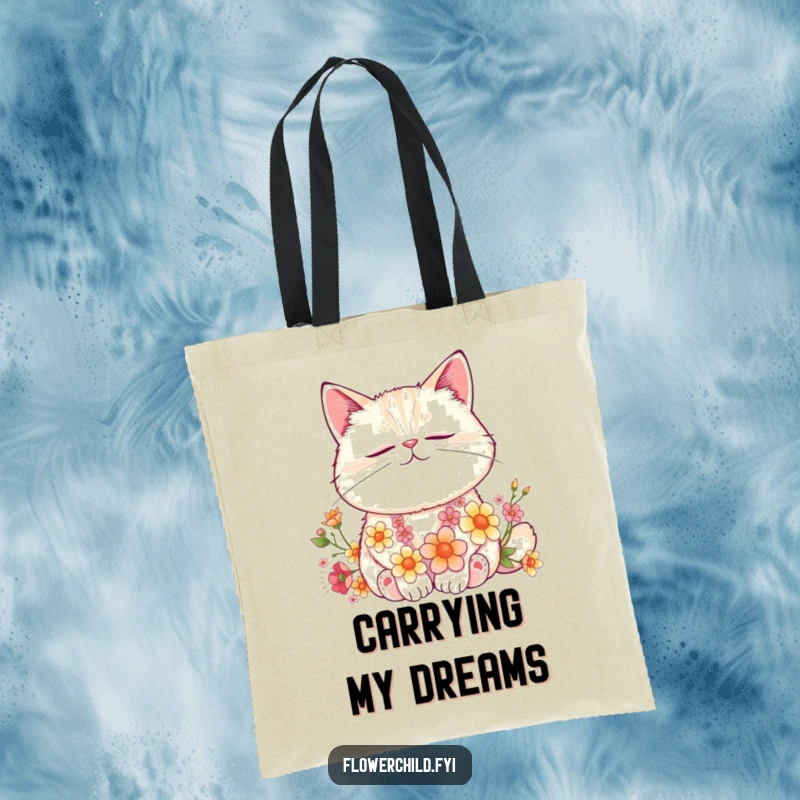 Funny Cat Flower Nap Tote Bag: A contented cat naps peacefully with flowers woven into its fur, perfect for carrying daily necessities.