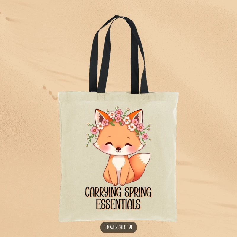 Funny tote bag with a whimsical fox wearing a blossom wreath, perfect for everyday use and stylishly carrying items.
