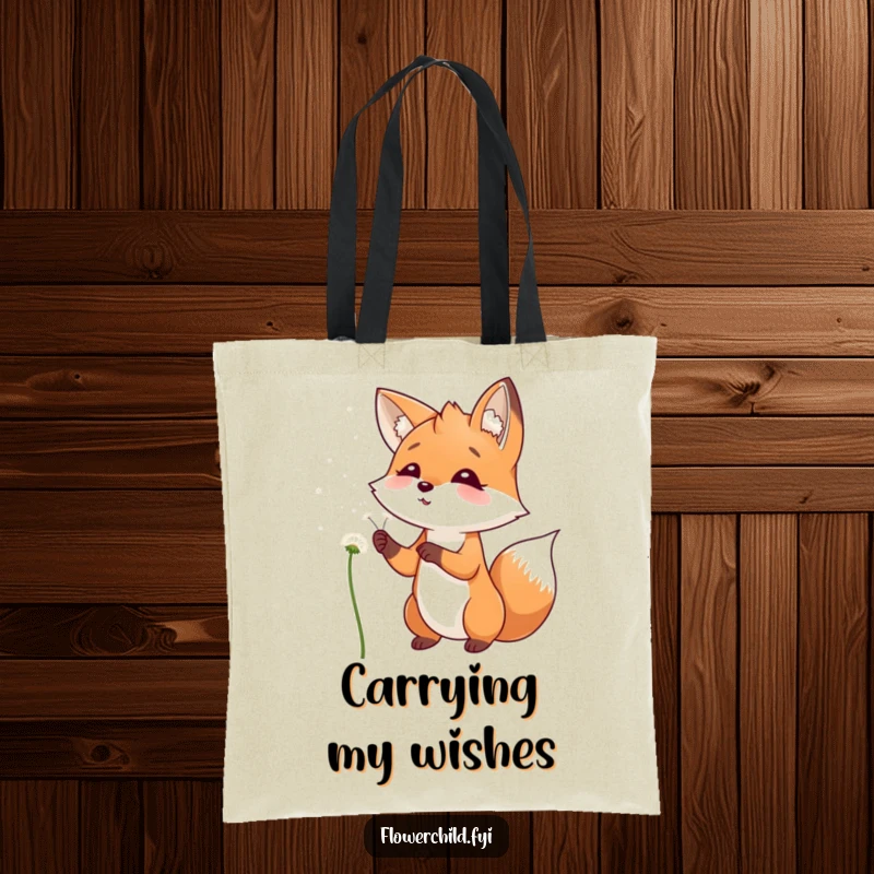 Funny Tote Bag featuring a playful fox smiling, blowing dandelion seeds into the wind, perfect for carrying everyday items.