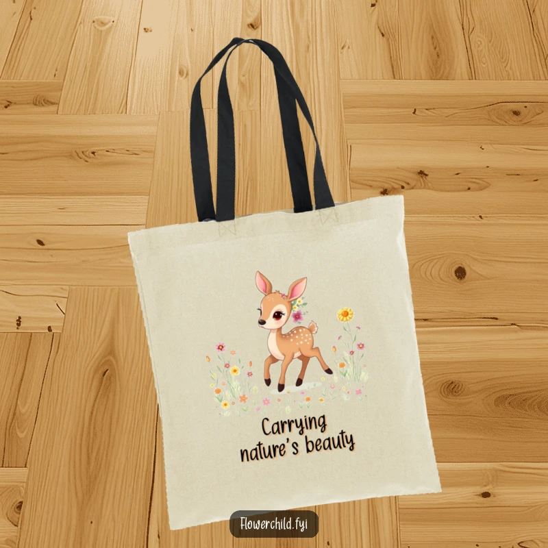 Funny Gentle Deer Wildflower Tote Bag: A gentle deer adorned with wildflowers prances gracefully through a serene meadow. Stylish and funny.