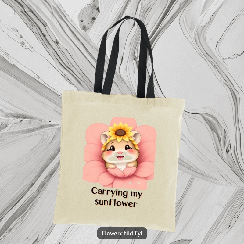 Funny and stylish tote bag featuring a giggling hamster wearing a sunflower headpiece, peeking from a flower.