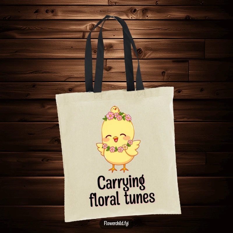 Funny Tote Bag featuring a happy chick wearing a tiny flower garland, chirping joyfully, perfect for shopping.