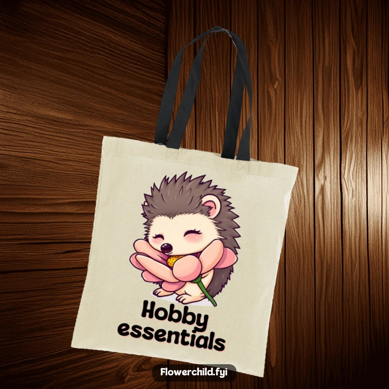 Funny hedgehog tote bag, a curious hedgehog character smelling an oversized flower, practical and stylish for nature enthusiasts.