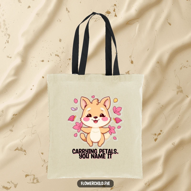 Funny tote bag with a playful animal character juggling a colorful mix of vibrant petals, perfect for shopping.