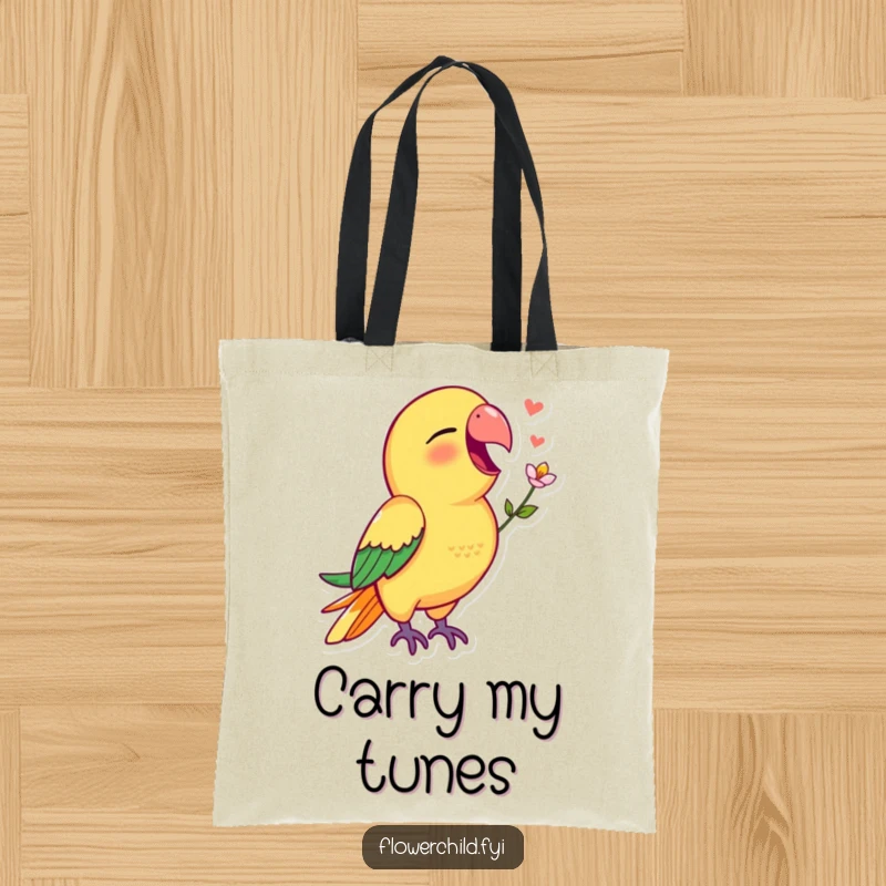 Funny parrot tote bag illustrating a vibrant parrot singing with a flower in its beak, a cheerful sight.