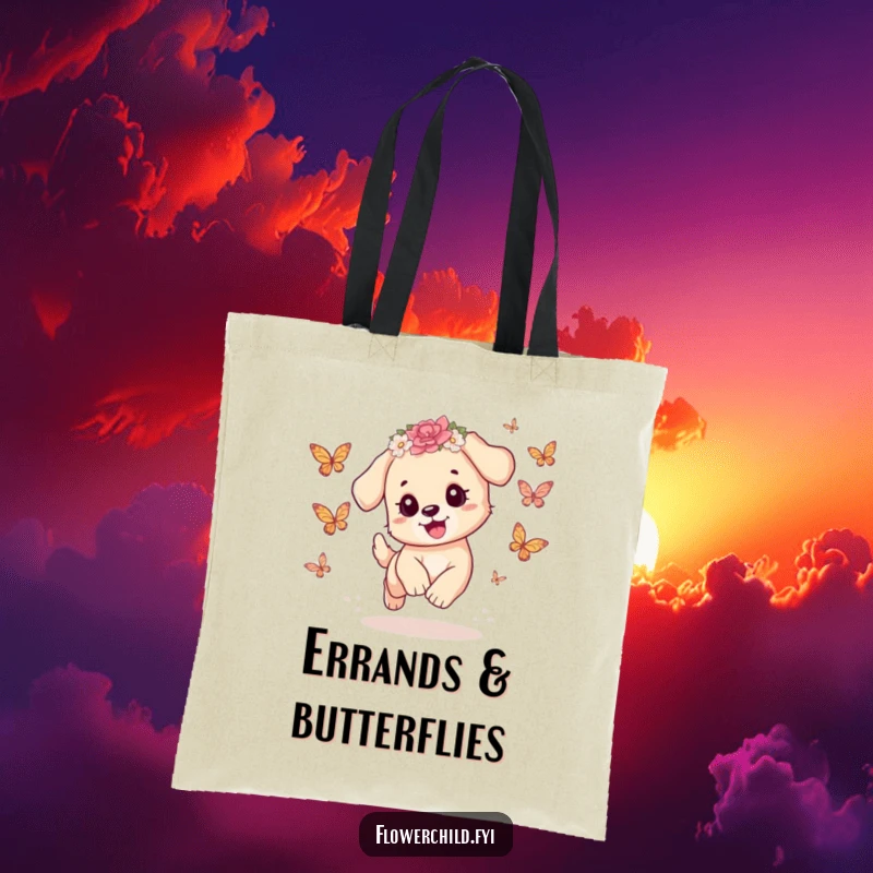 Funny Puppy Tote Bag: A playful puppy wearing a flower crown joyfully chases butterflies, perfect for carrying essentials with adorable flair.