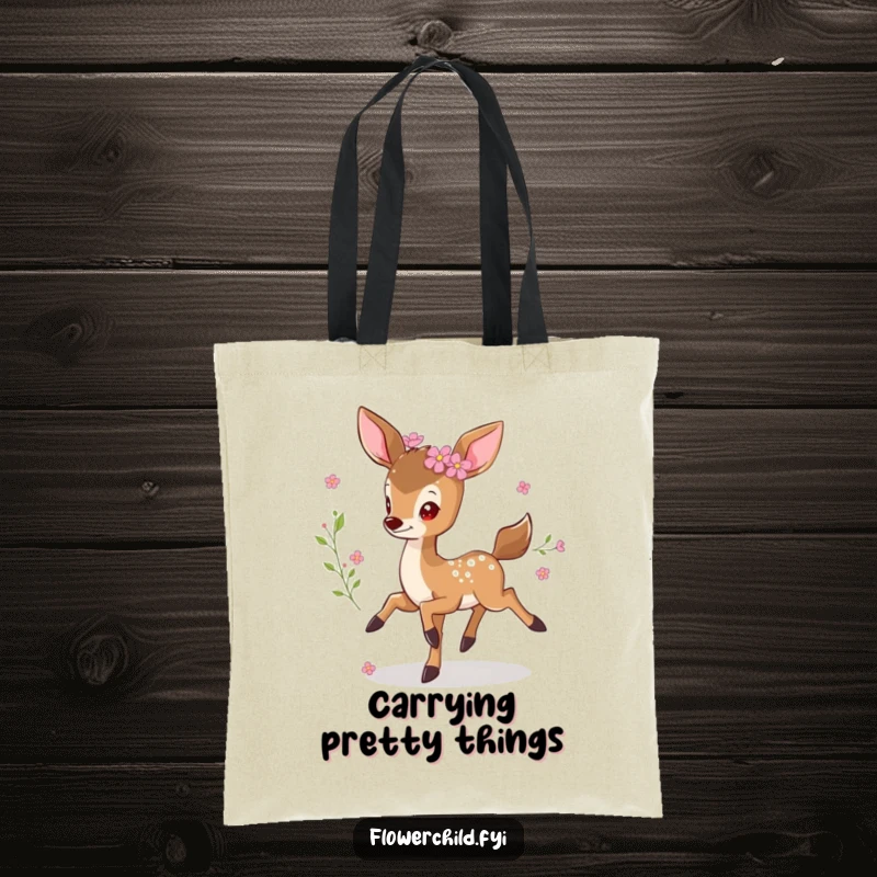 Funny prancing deer tote bag, a little deer with flowers in its fur, joyfully leaping, perfect for carrying items with a smile.