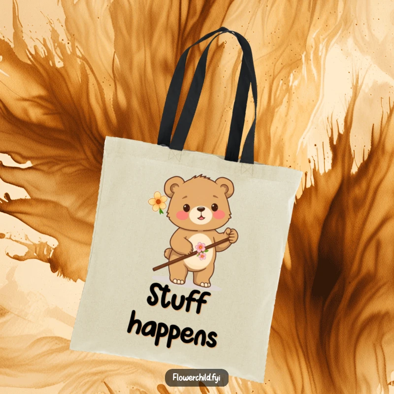 Funny tote bag with a proud bear cub holding a flower-decorated walking stick, ready for any adventure or errand.