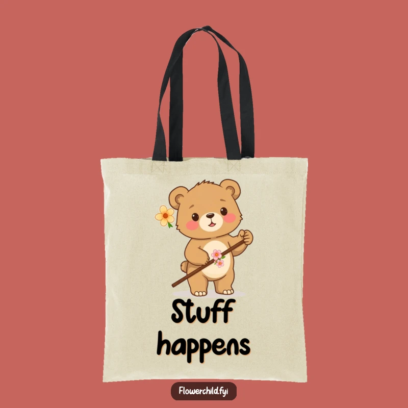 Funny Proud Bear Cub Walking Stick Tote Bag - Woodland Adventure Carryall Gift