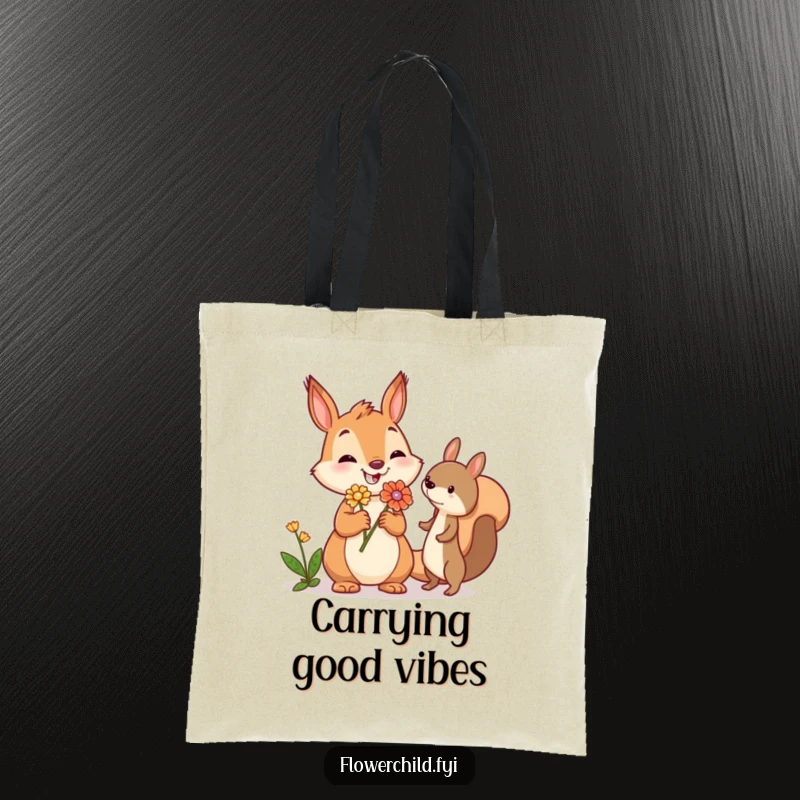 Funny squirrel tote bag showing a jovial squirrel offering a flower to another woodland creature, perfect for shopping with a message of kindness.