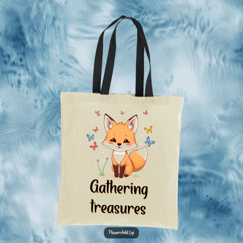 Funny fox meadow tote bag, a playful fox with dandelions in its fur chasing butterflies.