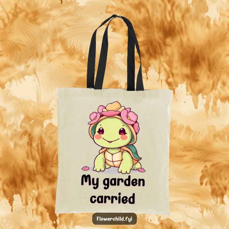 Funny smiling turtle with a colorful petal-adorned shell on a practical and humorous tote bag.