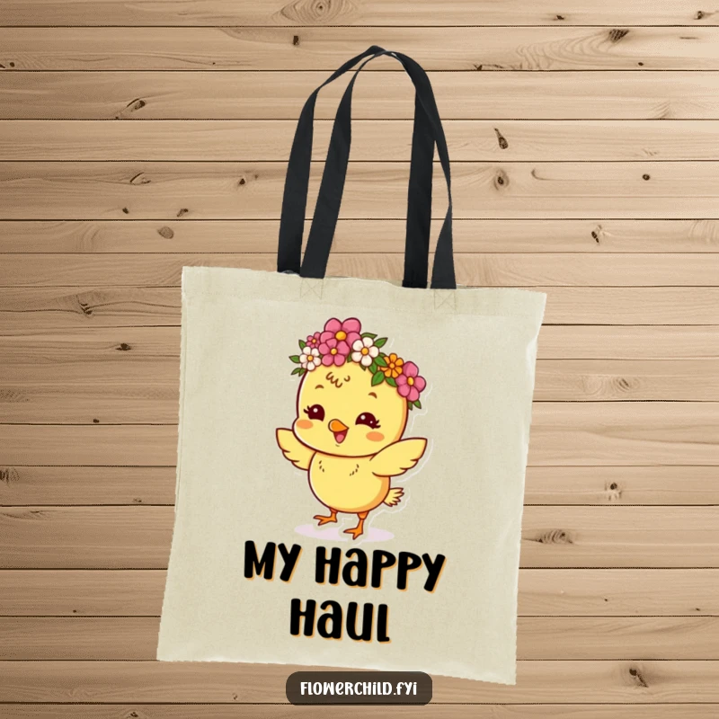 Funny tote bag with a happy chick wearing a flower crown, dancing with infectious enthusiasm.
