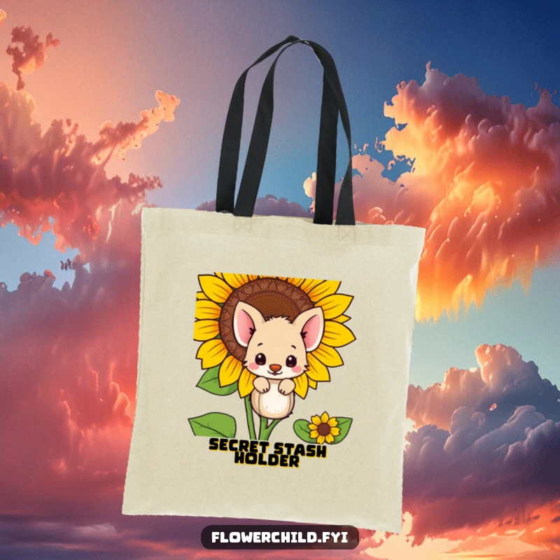 Funny shy animal peeking from behind a giant sunflower, on a durable tote bag for everyday use.